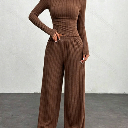 Ensemble côtelé femme 2 pièces pull court et pantalon large gris