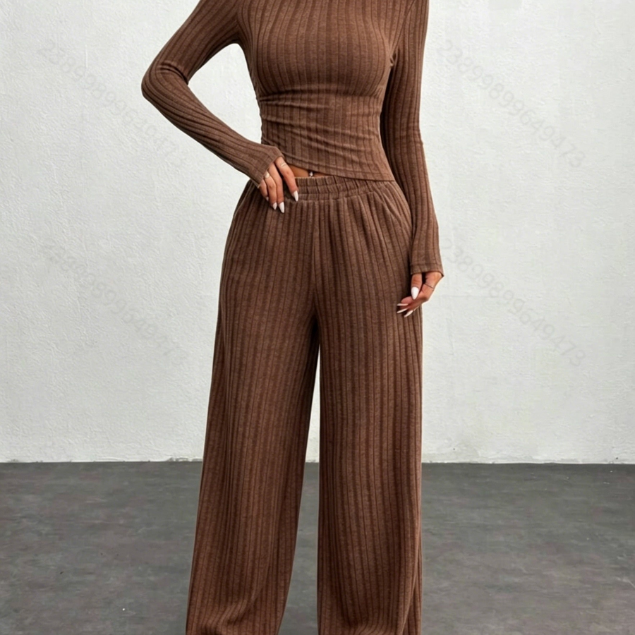 Ensemble côtelé femme 2 pièces pull court et pantalon large gris