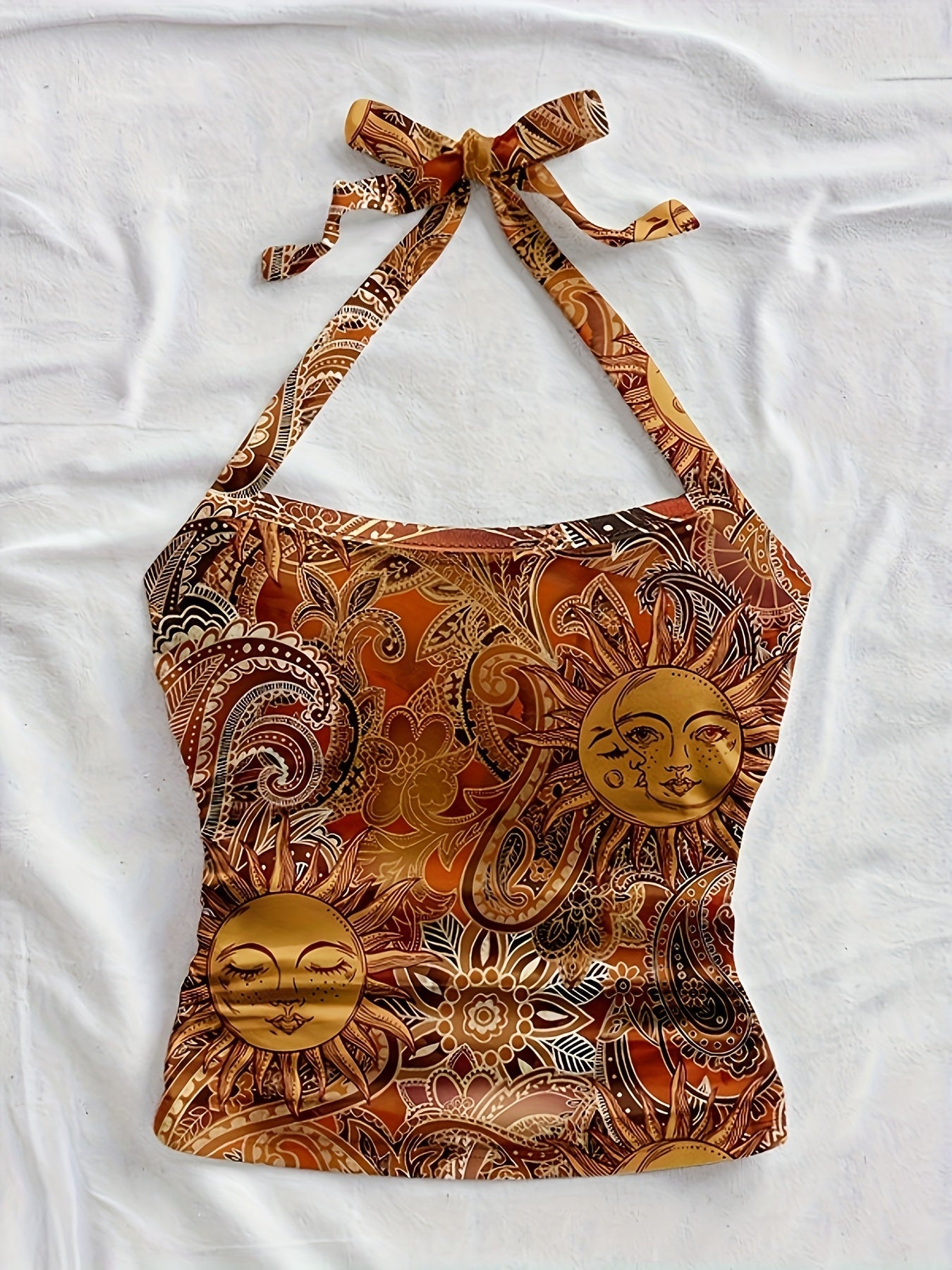 Damen-Top mit Rückenausschnitt im Vintage-Boho-Stil mit Sonne- und Mond-Motiv für den Sommer