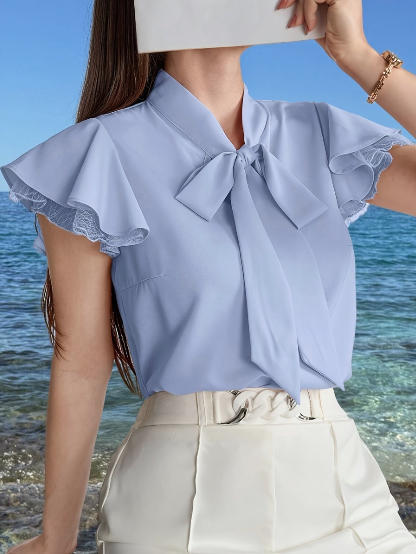Elegant Women's Blouse with Butterfly Sleeves and Bow Tie – Chic Style for Office and Outings