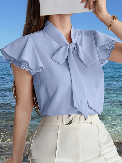 Elegant Women's Blouse with Butterfly Sleeves and Bow Tie – Chic Style for Office and Outings