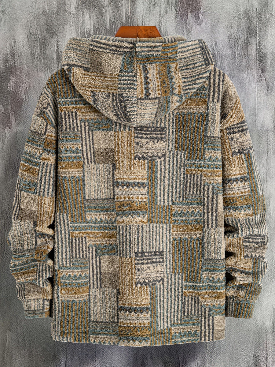 Sweat à Capuche Homme Motif Patchwork Imprimé Ethnique Demi-Zip Polaire Hiver