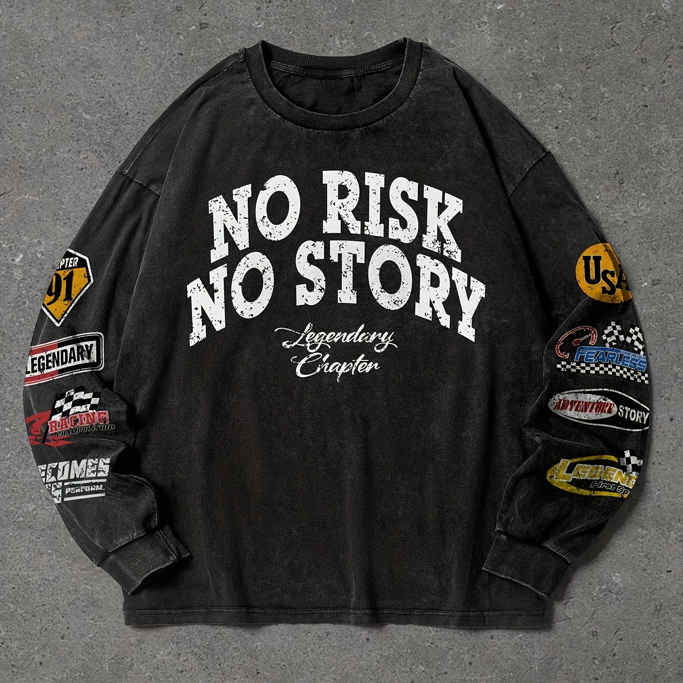 Sweat-shirt Homme ample noir délavé imprimé texte et écussons style racing