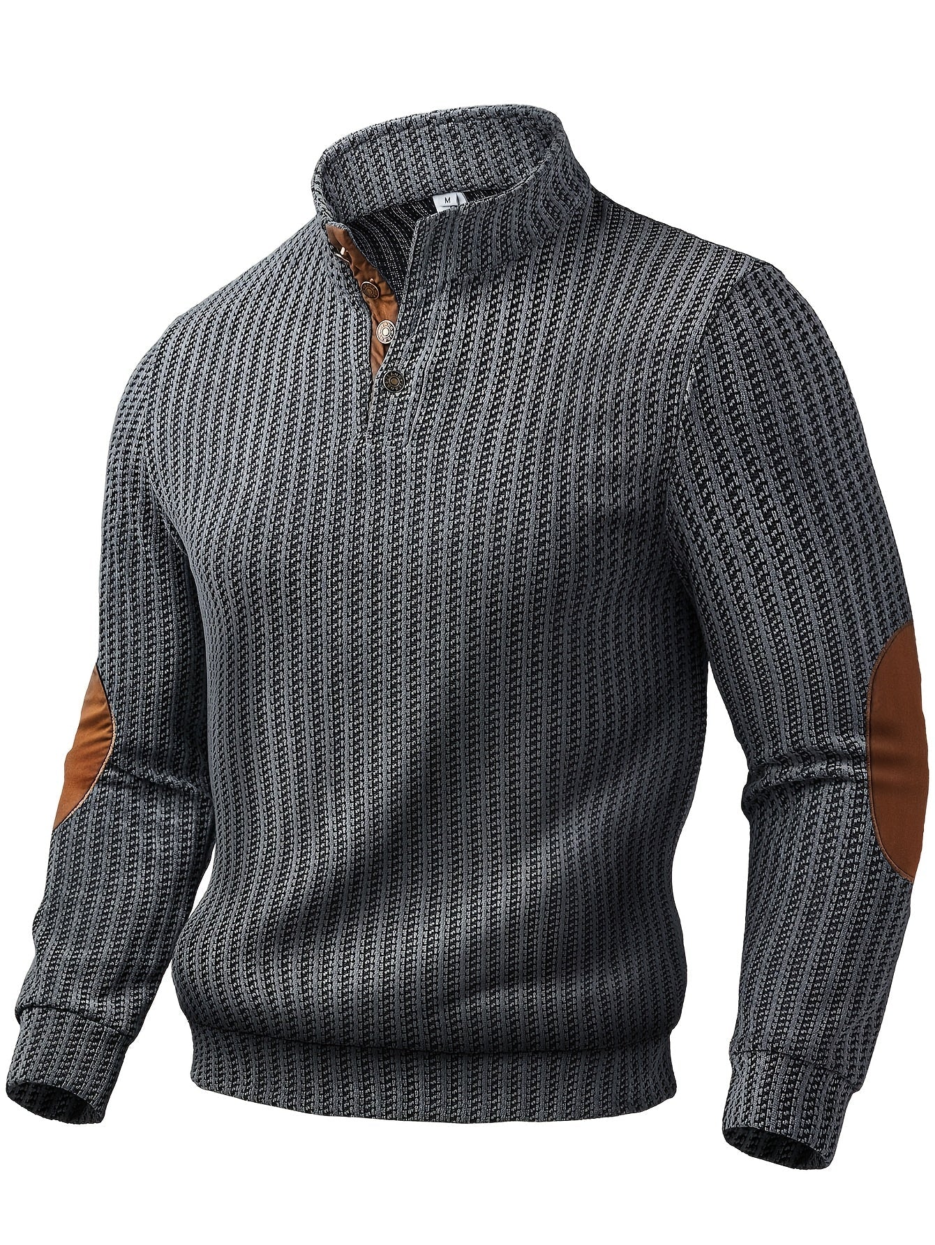 Pull homme à col montant boutonnable, motif tissé et empiècements aux coudes