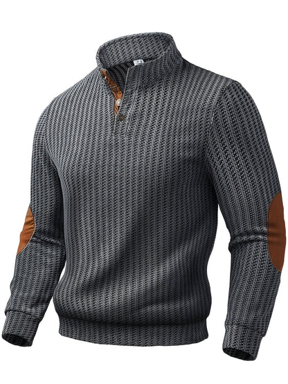 Pull homme à col montant boutonnable, motif tissé et empiècements aux coudes