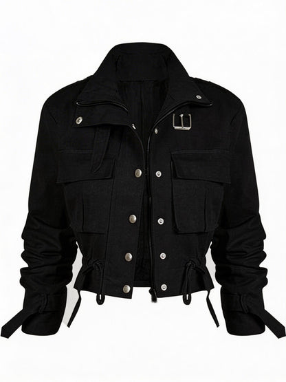Veste Courte Cargo pour Femme à Boutons et Ceinture Boucle Couleur Unie