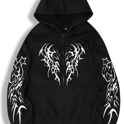 Sweat à capuche zippé noir avec motif tribal rouge manches longues