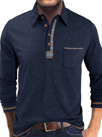 Polo Homme Manches Longues Détails Ethniques Boutons Beige