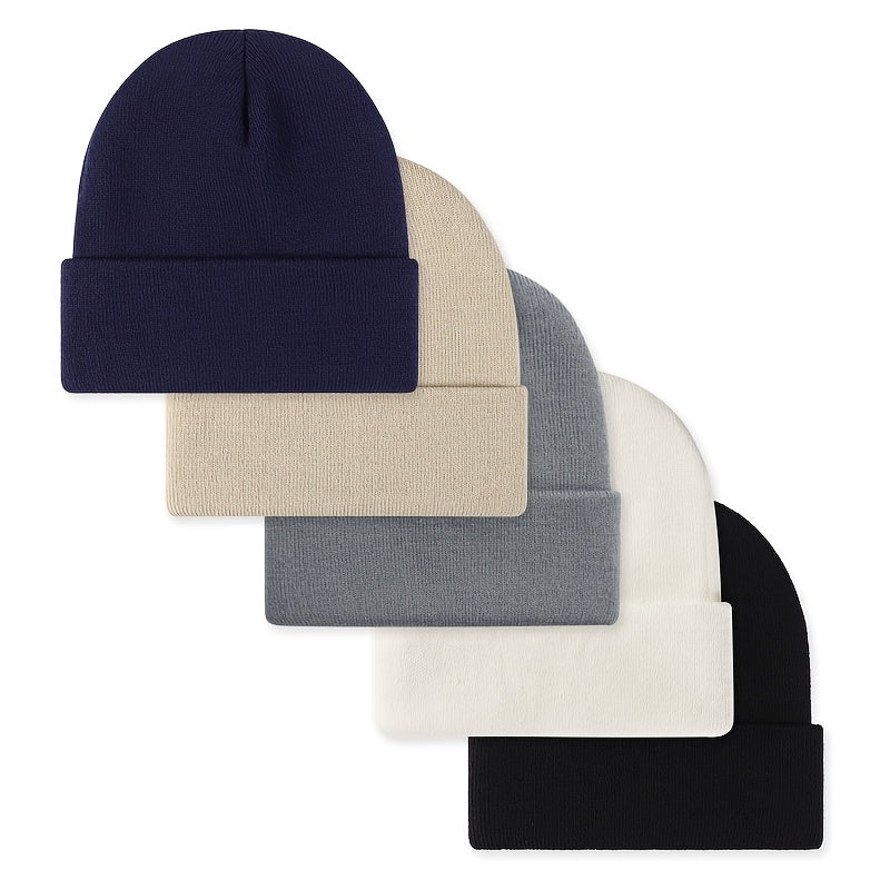 Lot de 5 Bonnets en Maille Côtelée avec Revers – Couleurs Assorties ou Unies