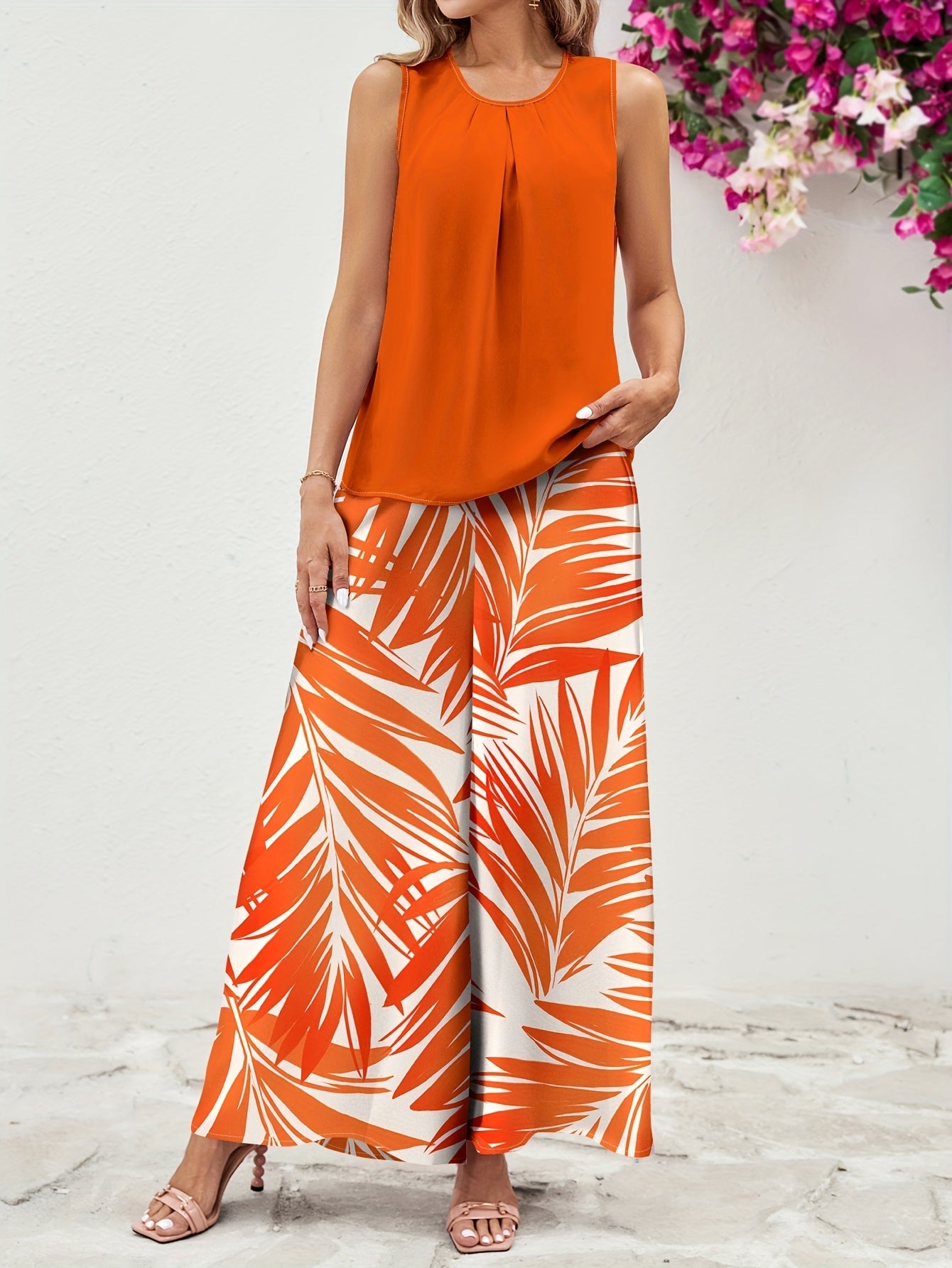 Completo casual donna – Outfit chic tropicale con motivo fogliame, stile ampio ideale per estate e vacanze