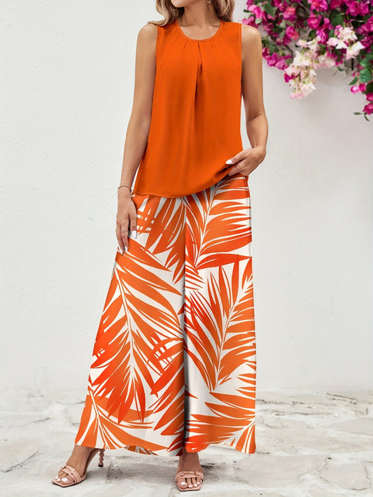 Women's casual set – Chic tropical outfit with foliage pattern, loose style ideal for summer and vacation