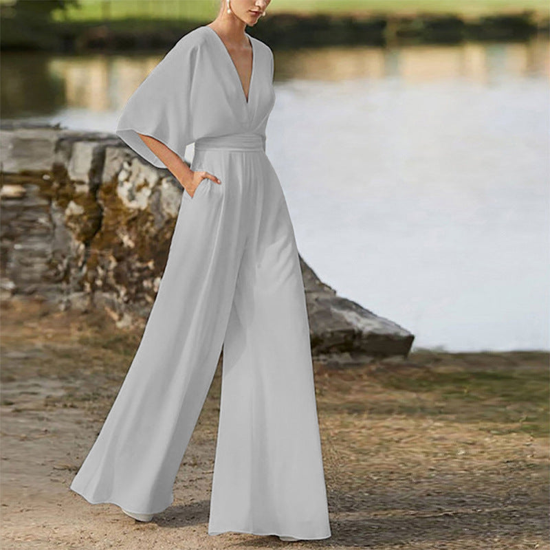Sara – Salopette Donna Scollo a V Vita Alta Gambe Larghe