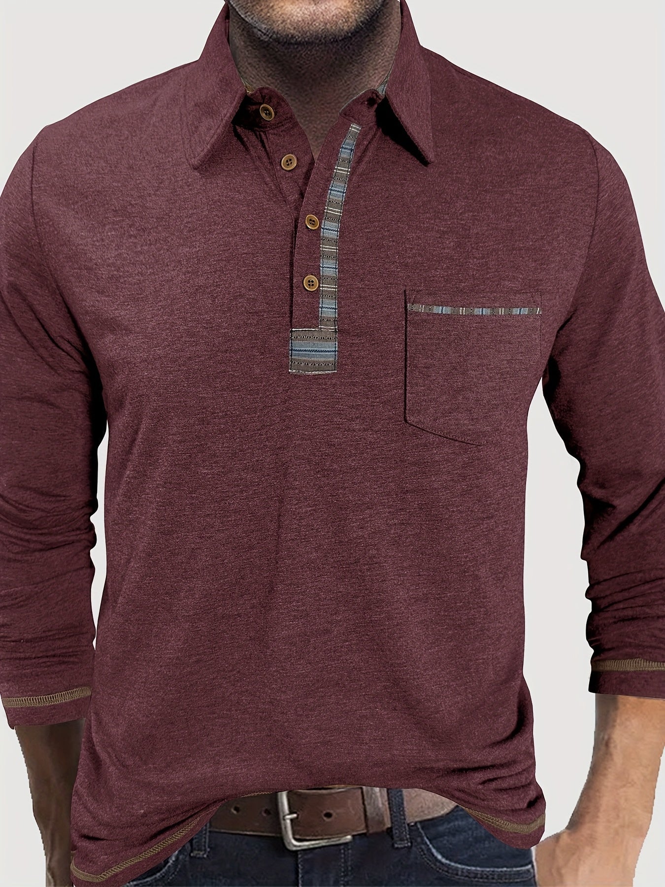 Polo Homme Manches Longues Détails Ethniques Boutons Beige