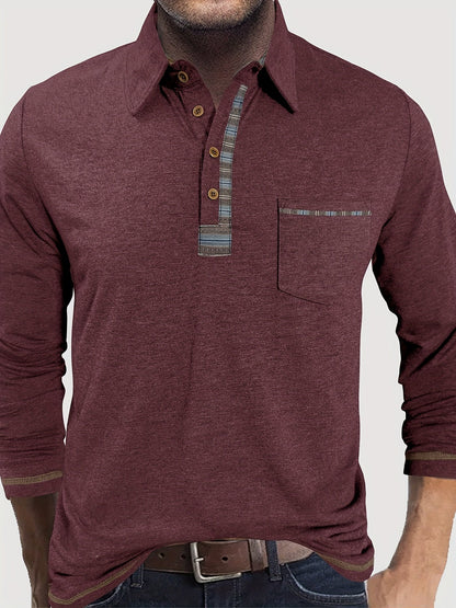 Polo Homme Manches Longues Détails Ethniques Boutons Beige