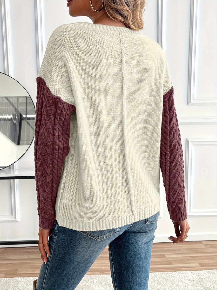 Pull Femme Maille Torsadée Bicolore Crème Vert avec Poche Plaquée