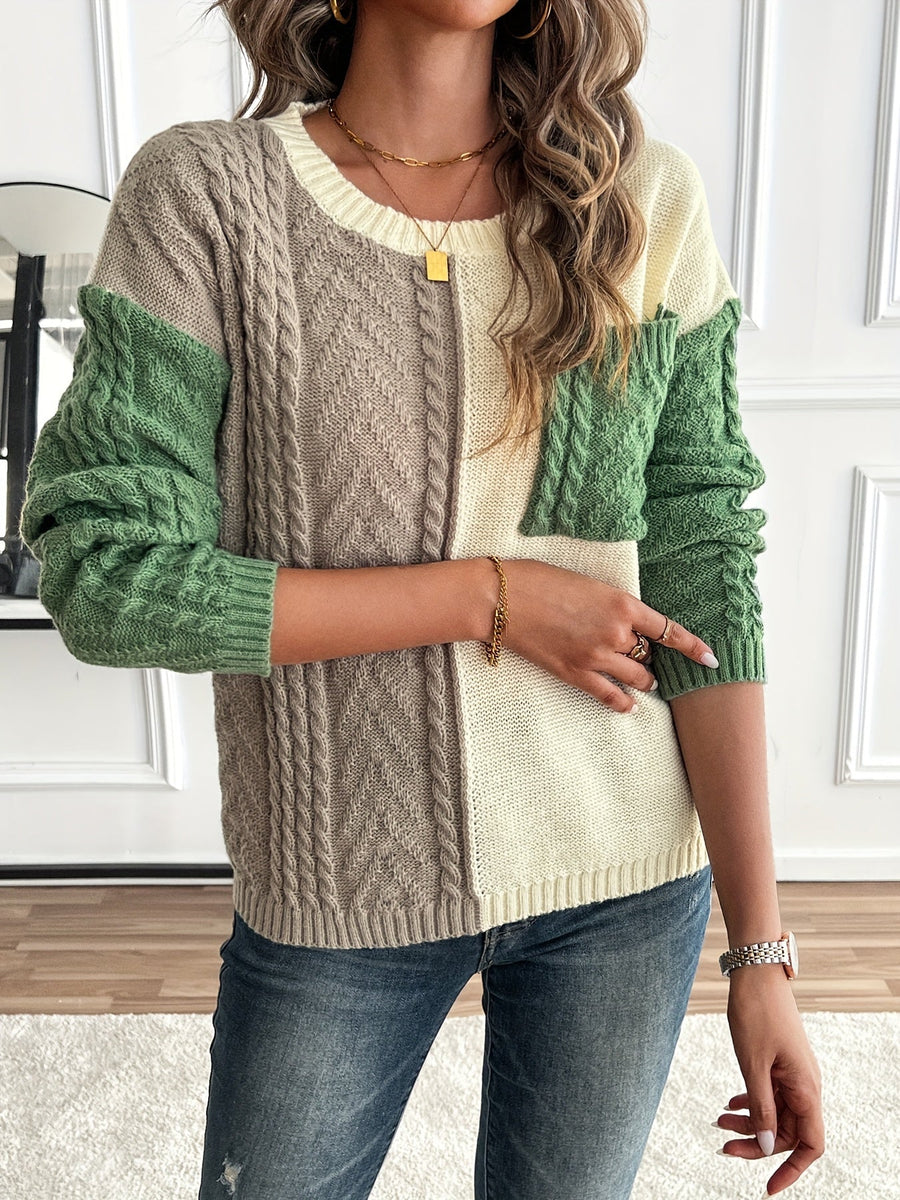 Pull Femme Maille Torsadée Bicolore Crème Vert avec Poche Plaquée