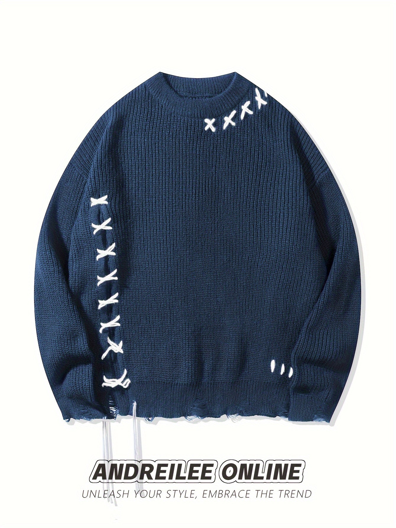 Pull en maille unisexe noir à col rond avec détails de lacets et ourlet effiloché