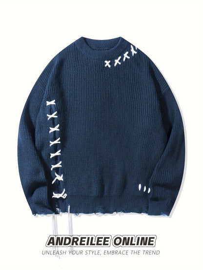 Pull en maille unisexe noir à col rond avec détails de lacets et ourlet effiloché