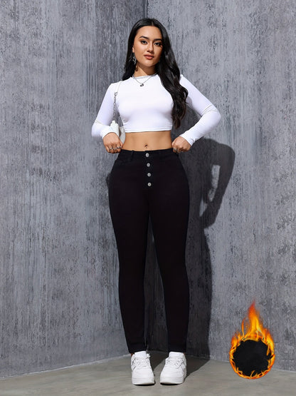 Jean Skinny Femme Noir Taille Haute à Boutons Doublé Chaud