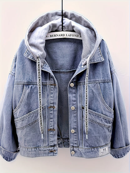 Veste en jean femme bleu clair avec capuche intégrée et détails boutonnés