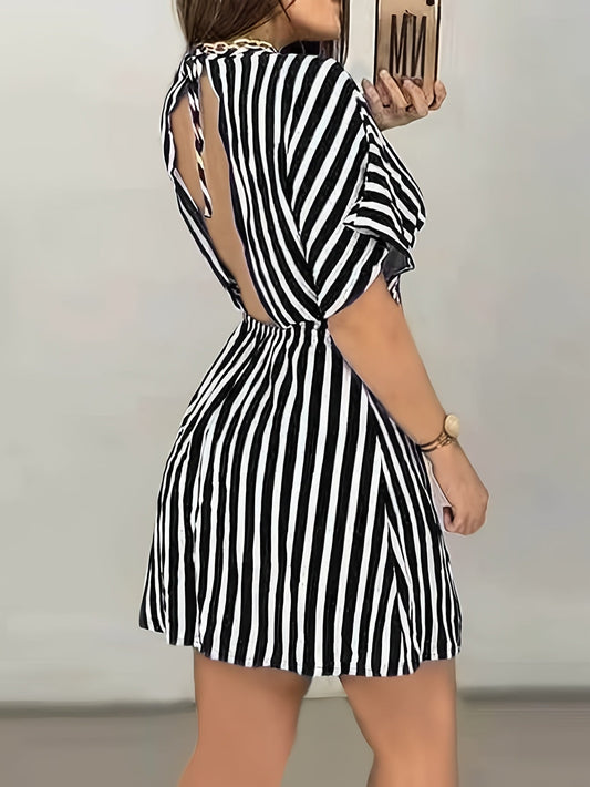 Vestido Corto Mujer a Rayas Estilo Sexy Espalda Descubierta para Primavera y Verano