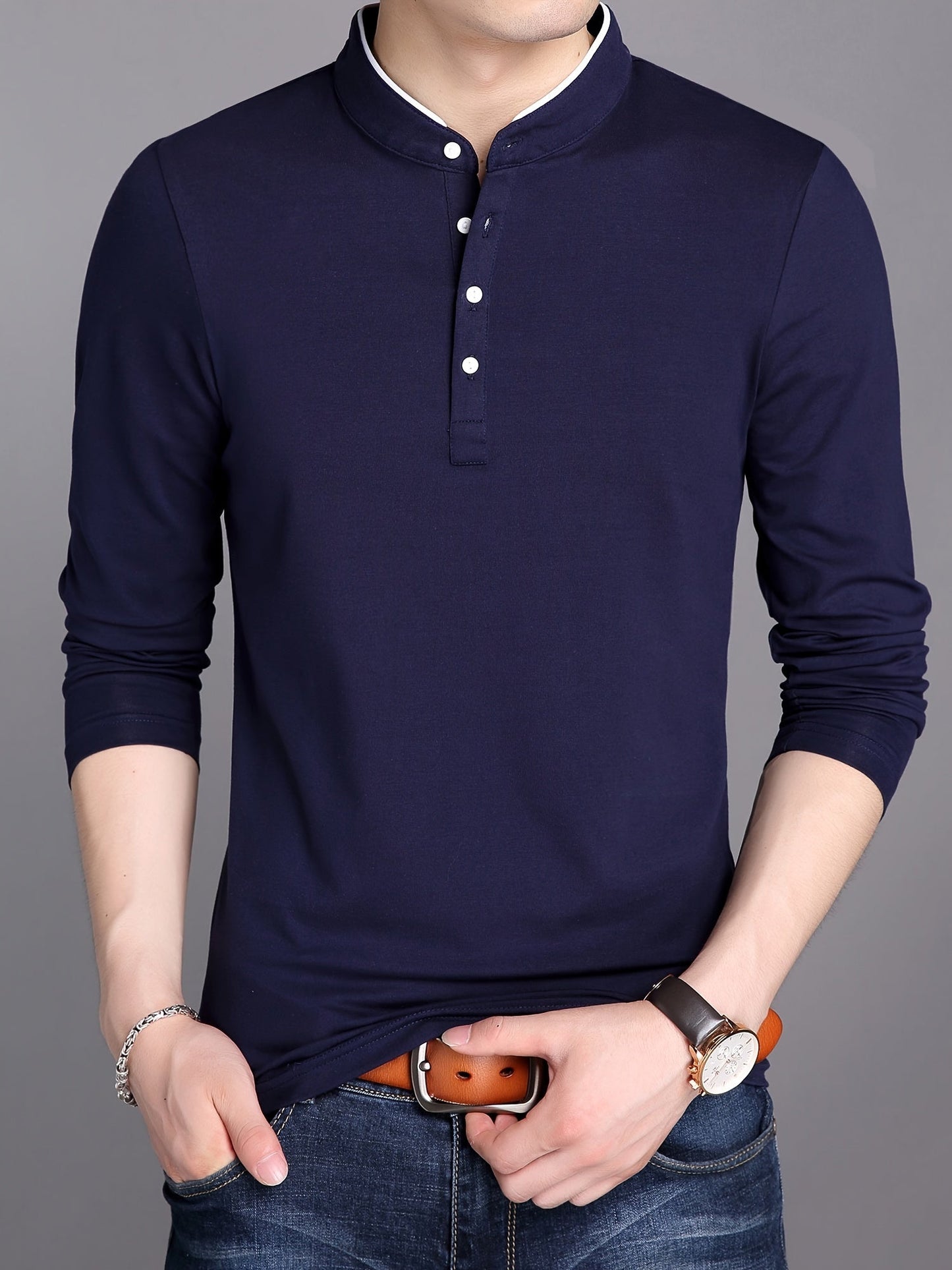 T-shirt Polo Homme Manches Longues Col Mao Rouge Bordeaux