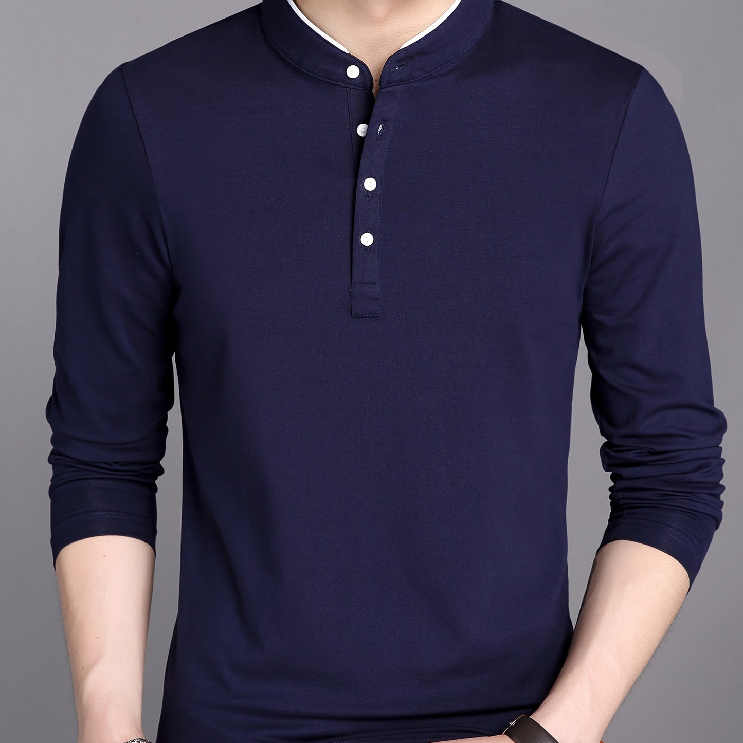 T-shirt Polo Homme Manches Longues Col Mao Rouge Bordeaux
