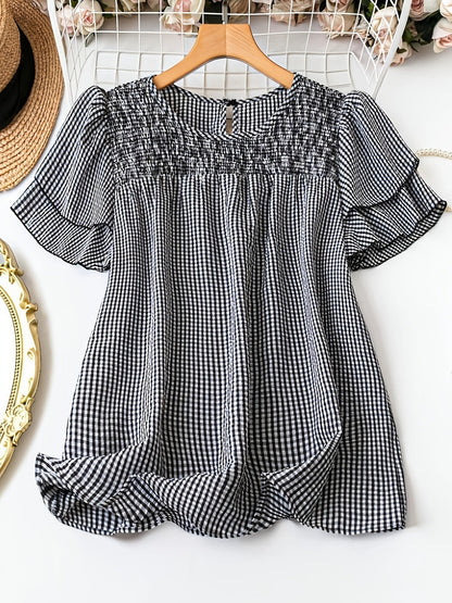 Elegant style feminine polka dot blouse with short sleeves and round neck for summer