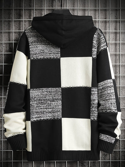 Sweat à Capuche Homme Motif Carreaux Bicolore Maille Décontracté