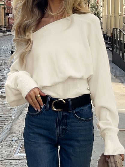 Pull Femme Blanc Écru Col Bateau Manches Longues Fines Côtes