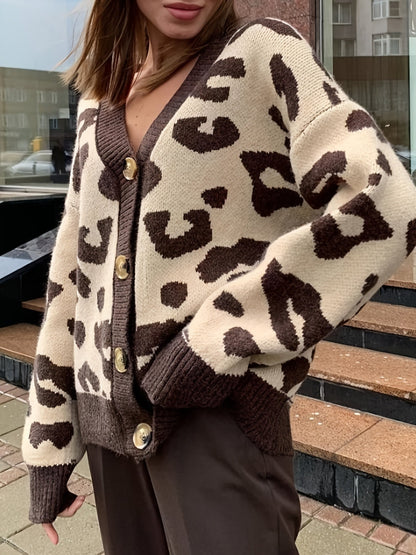 Gilet Femme Léopard Crème et Marron Col V Boutons