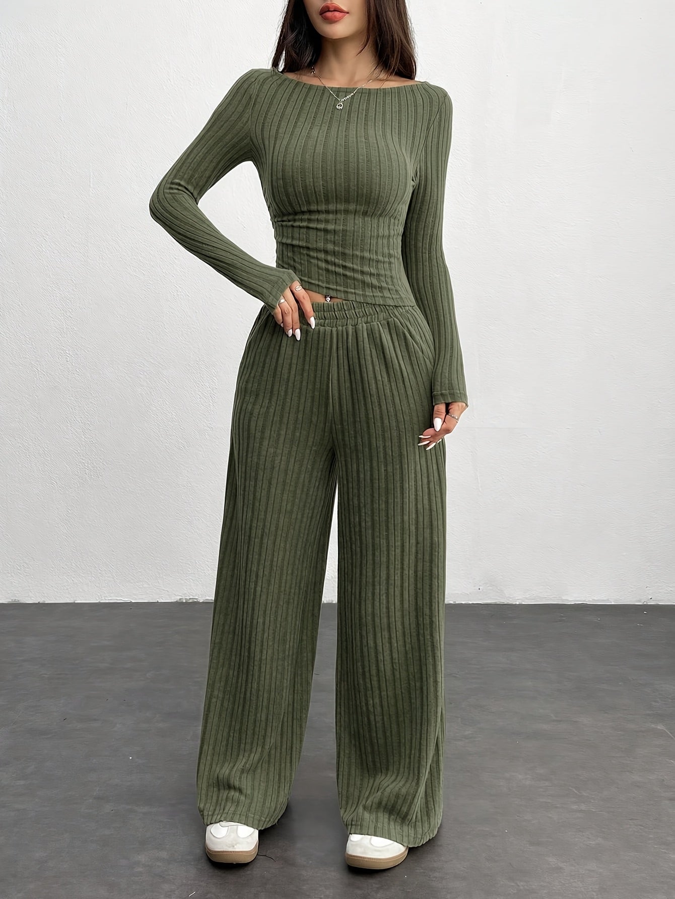 Ensemble côtelé femme 2 pièces pull court et pantalon large gris