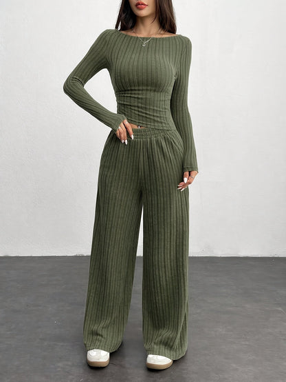 Ensemble côtelé femme 2 pièces pull court et pantalon large gris