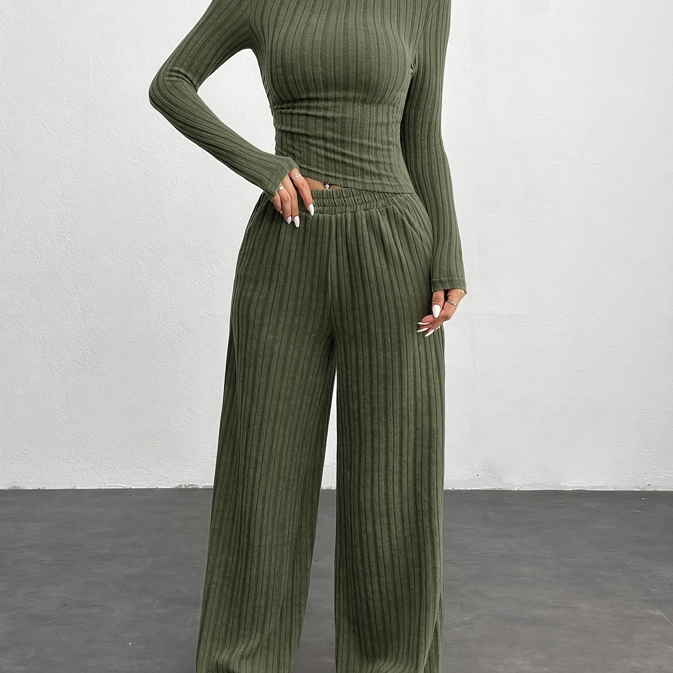 Ensemble côtelé femme 2 pièces pull court et pantalon large gris