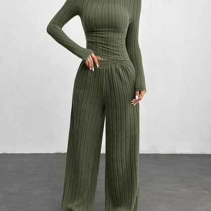 Ensemble côtelé femme 2 pièces pull court et pantalon large gris