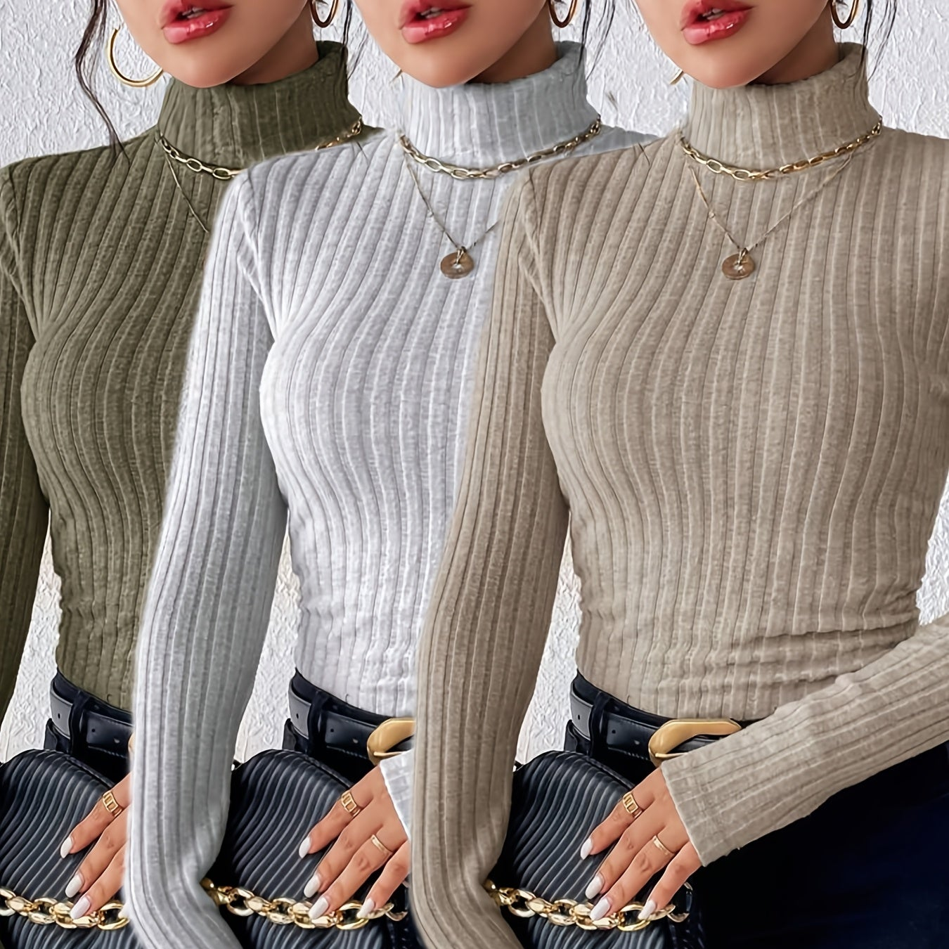 Haut côtelé à col montant pour femme, manches longues, ajusté, vert kaki, gris clair et beige