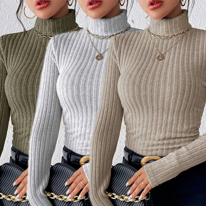 Haut côtelé à col montant pour femme, manches longues, ajusté, vert kaki, gris clair et beige