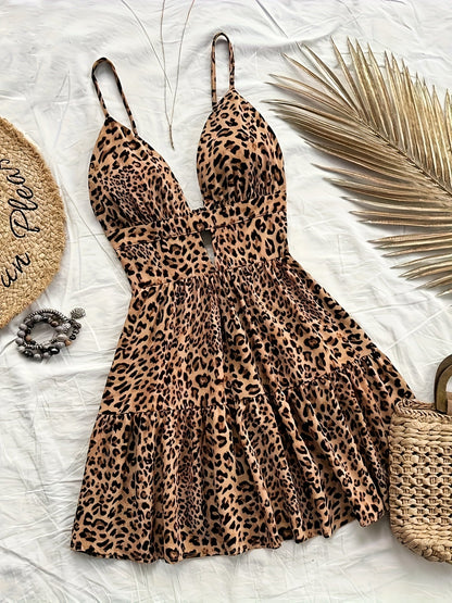 Vestido corto de verano con estampado de leopardo para mujer, estilo casual y vacaciones