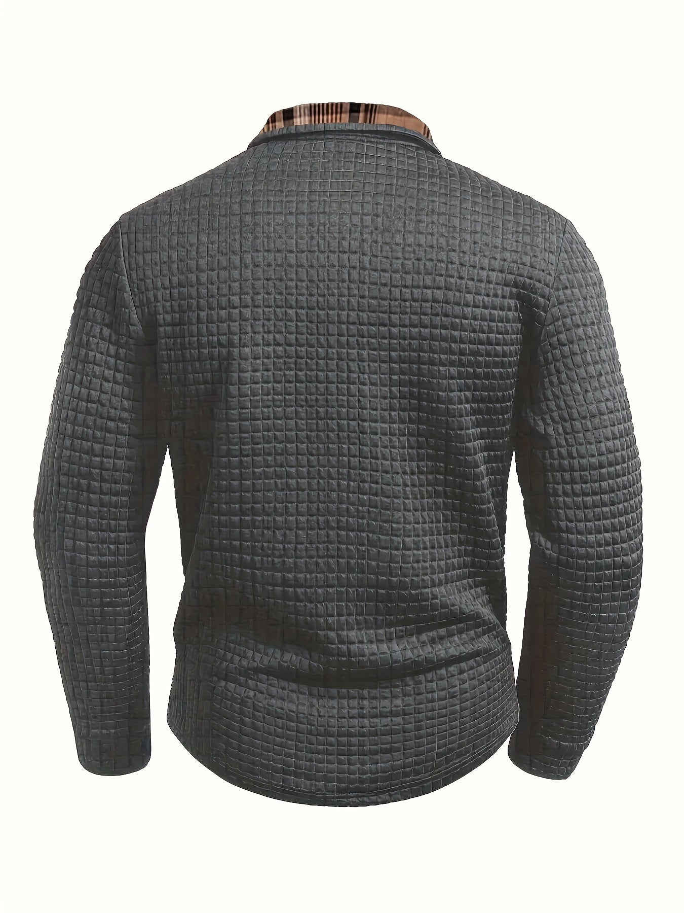 Polo homme à manches longues texturé motif gaufré avec col et poche à carreaux
