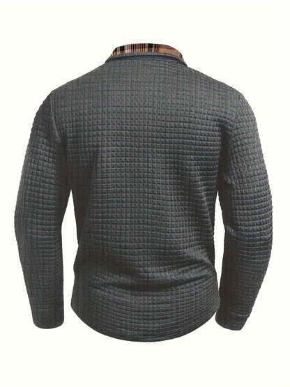Polo homme à manches longues texturé motif gaufré avec col et poche à carreaux
