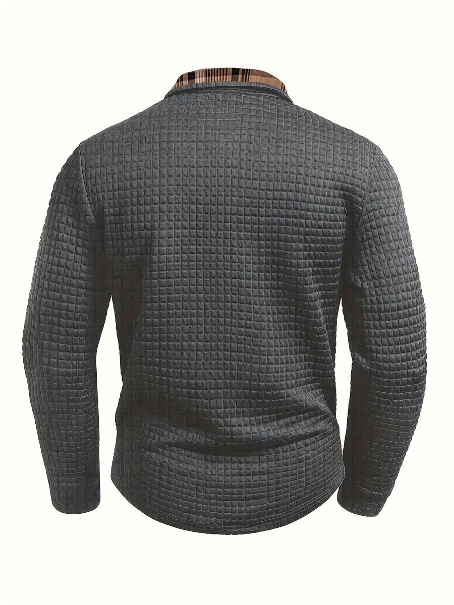 Polo homme à manches longues texturé motif gaufré avec col et poche à carreaux