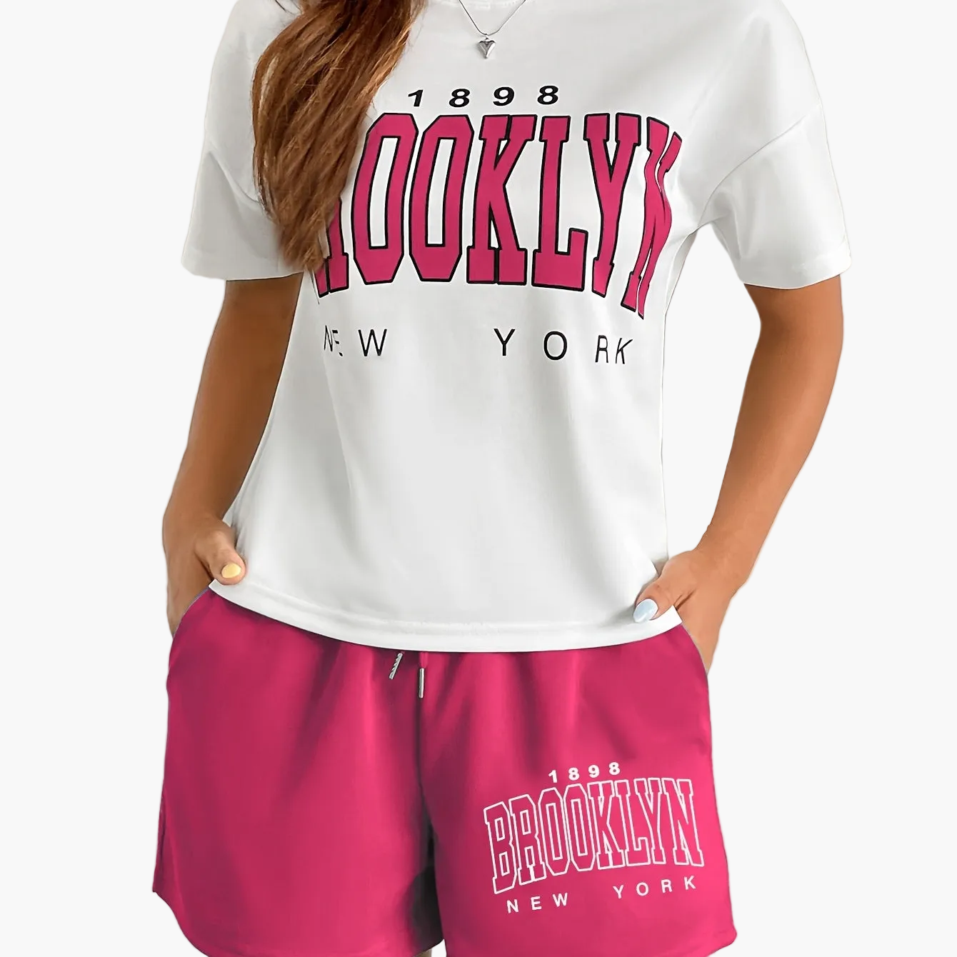 Conjunto casual para mujer estilo universitario con camiseta y pantalones cortos estampados Brooklyn Nueva York