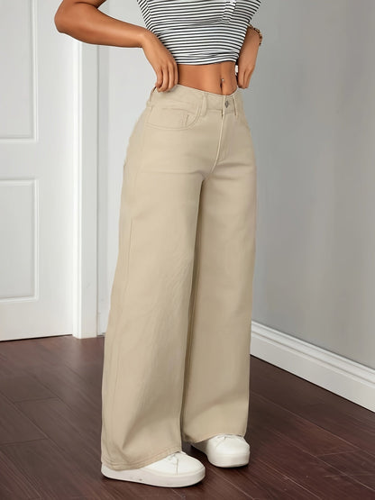 Pantalon large femme couleur écru taille haute décontracté