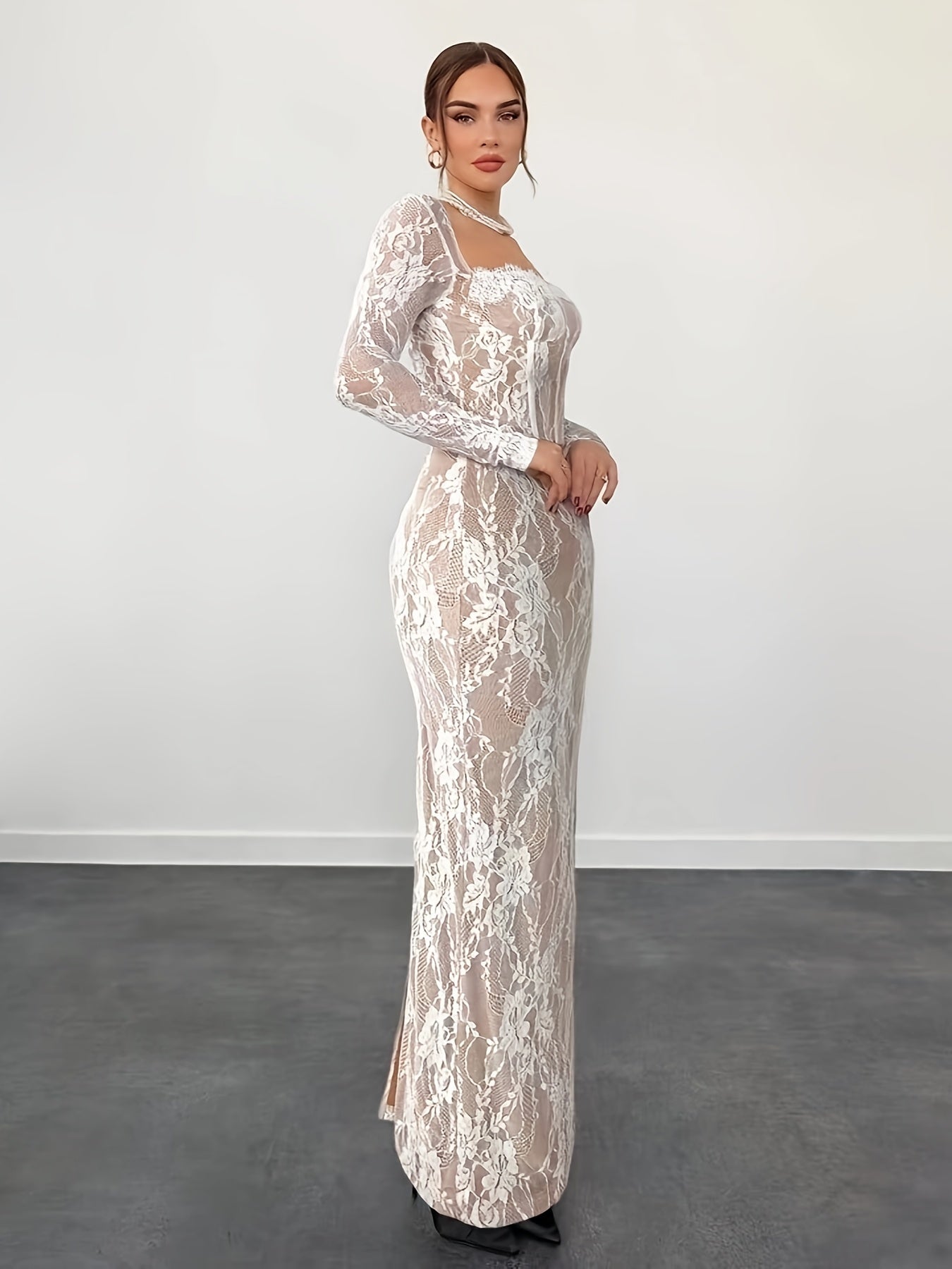 Abito donna elegante aderente stile serata con maniche lunghe e scollo quadrato