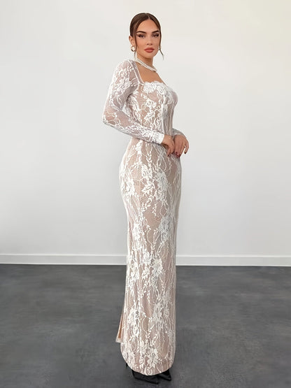 Abito donna elegante aderente stile serata con maniche lunghe e scollo quadrato