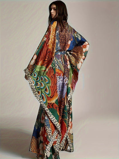 Długa sukienka kimono kaftan damski w stylu orientalnym z artystycznym nadrukiem na wieczór lub wakacje