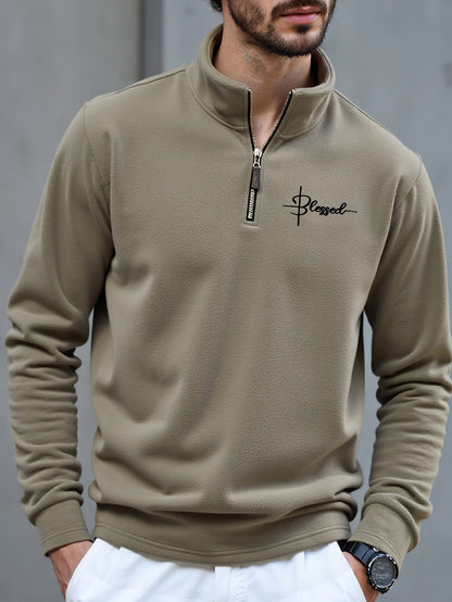 Pulls Homme Col Montant Zippé Polaire Coupe Droite Bicolore Beige Kaki et Noir Imprimé Graphique