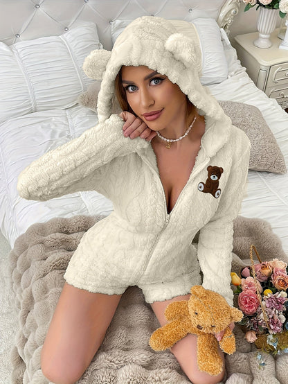 Grenouillère Peluche Femme à Capuche Ours Polaire Crème avec Broderie Ours Marron