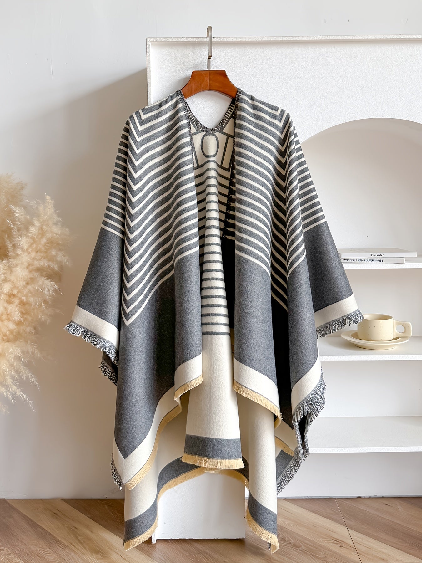Women's Striped Fringe Trim Open Front Wrap Poncho Cape
