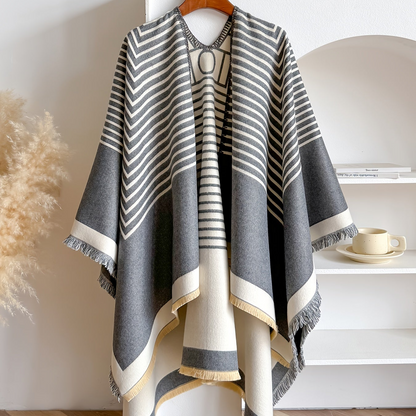 Women's Striped Fringe Trim Open Front Wrap Poncho Cape